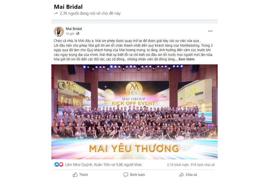 Chủ hệ thống Mai Wedding lên tiếng sau thông tin đóng cửa gây xôn xao dư luận Chủ hệ thống Mai Wedding lên tiếng sau thông tin đóng cửa gây xôn xao dư luận