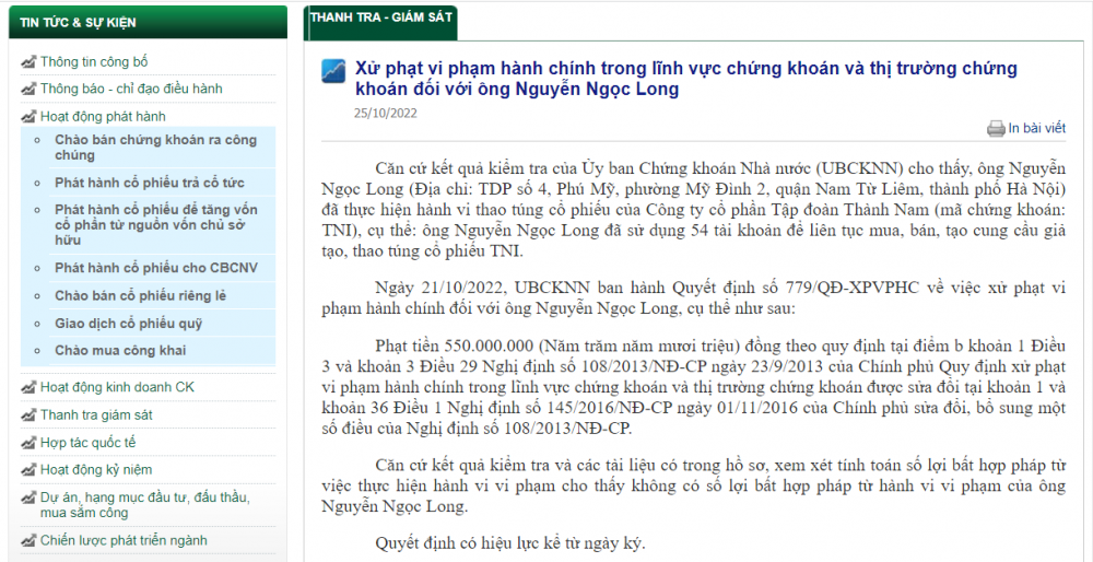 Thao túng cổ phiếu TNI, một cá nhân bị phạt 550 triệu đồng