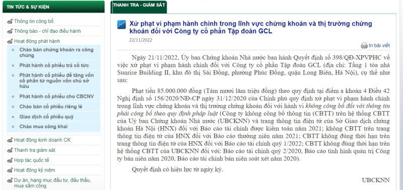 Tập đoàn GCL bị xử phạt vì không công bố thông tin Tập đoàn GCL bị xử phạt vì không công bố thông tin