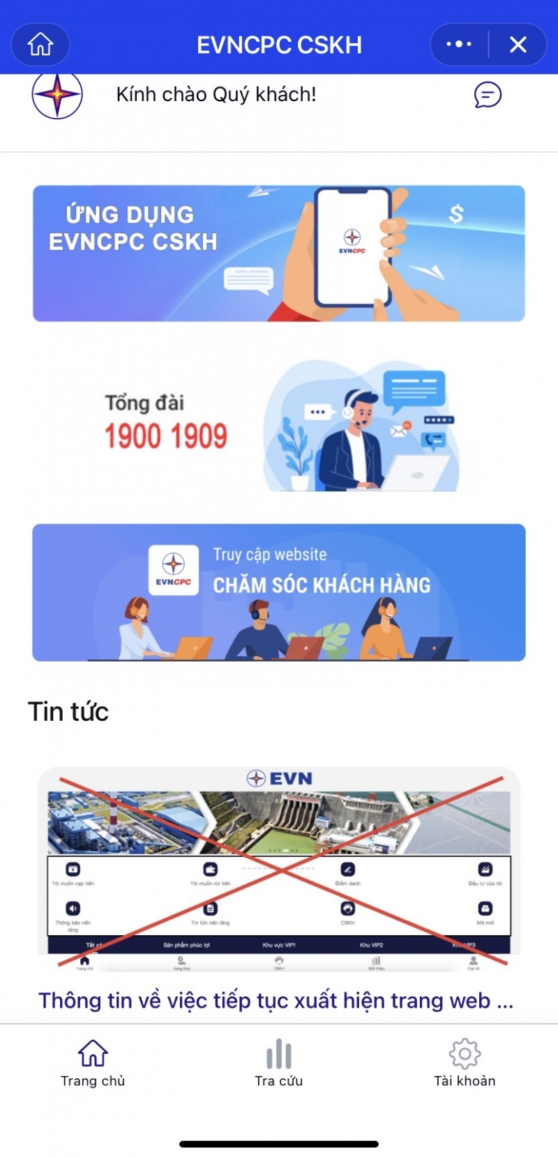 Giao diện EVNCPC CSKH Mini app trên Zalo Giao diện EVNCPC CSKH Mini app trên Zalo