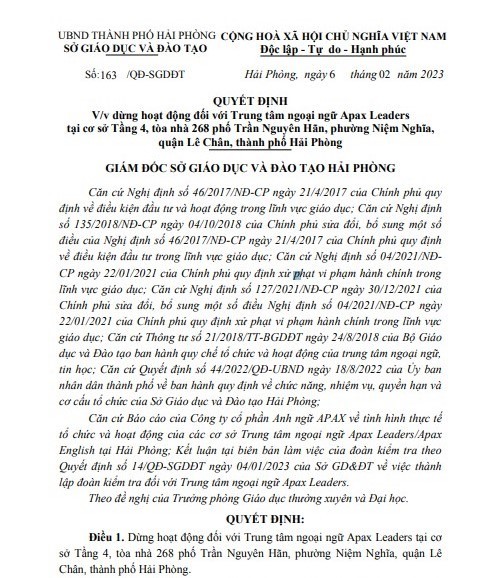 Quyết định dừng hoạt động Trung tâm ngoại ngữ Apax Leaders của Sở Giáo dục Đào tạo Hải Phòng. Quyết định dừng hoạt động Trung tâm ngoại ngữ Apax Leaders của Sở Giáo dục Đào tạo Hải Phòng.