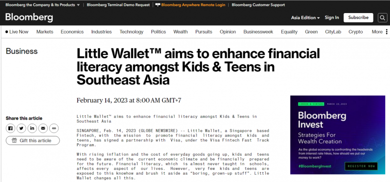 Ứng dụng tài chính cho cả gia đình, Little Wallet, được Bloomberg điểm tên Ứng dụng tài chính cho cả gia đình, Little Wallet, được Bloomberg điểm tên