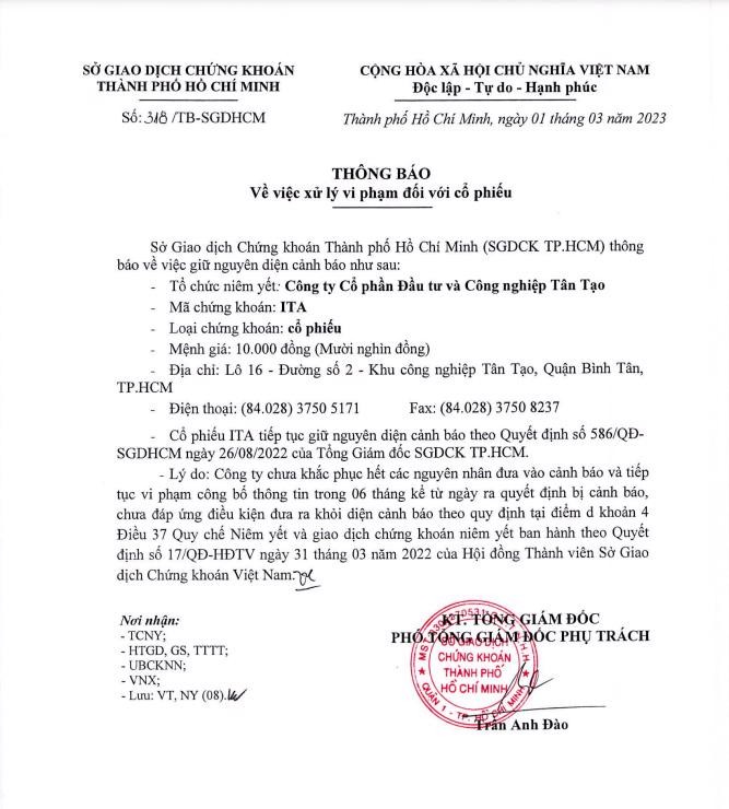 Chưa khắc phục nguyên nhân, cổ phiếu ITA tiếp tục bị giữ nguyên diện cảnh báo Chưa khắc phục nguyên nhân, cổ phiếu ITA tiếp tục bị giữ nguyên diện cảnh báo