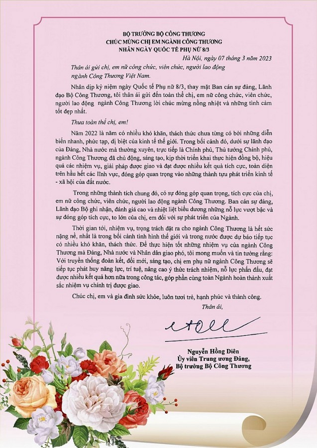 Bộ trưởng Bộ Công Thương chúc mừng chị em ngành Công Thương nhân ngày Quốc tế Phụ nữ 8/3 Bộ trưởng Bộ Công Thương chúc mừng chị em ngành Công Thương nhân ngày Quốc tế Phụ nữ 8/3
