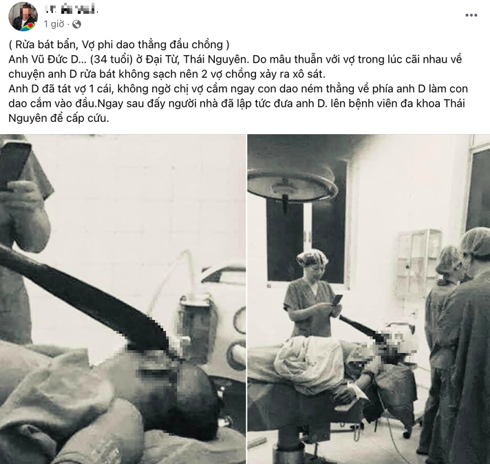 Thông tin giả về vụ vợ ném dao vào đầu chồng vì rửa bát bẩn lại được lan truyền trên mạng xã hội - Ảnh: Chụp màn hình