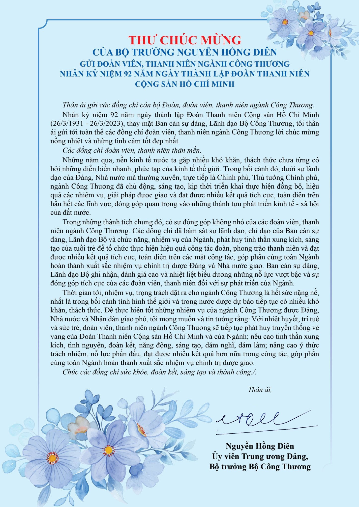 Thư chúc mừng của Bộ trưởng Nguyễn Hồng Diên gửi đoàn viên, thanh niên ngành Công Thương
