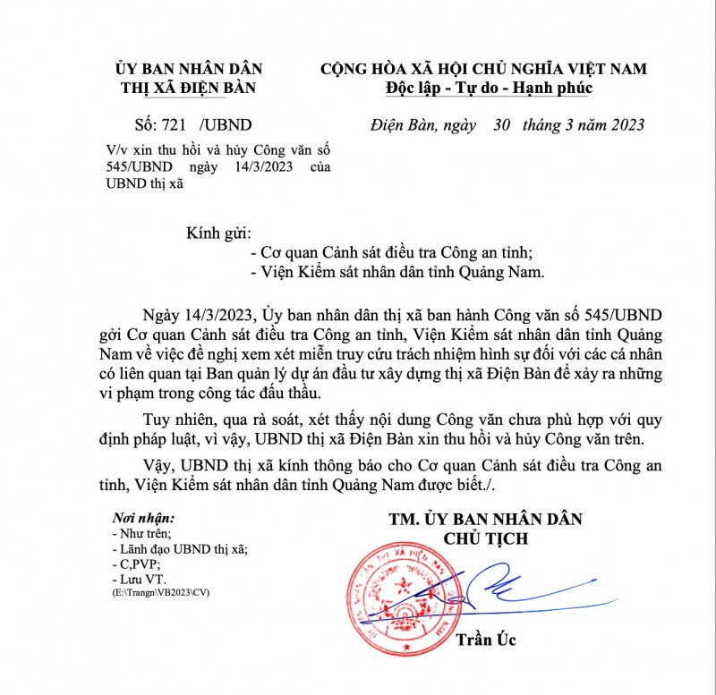 Thị xã Điện Bàn(Quảng Nam): Ra công văn xin miễn truy cứu trách nhiệm hình sự rồi lại… xin hủy Thị xã Điện Bàn(Quảng Nam): Ra công văn xin miễn truy cứu trách nhiệm hình sự rồi lại… xin hủy