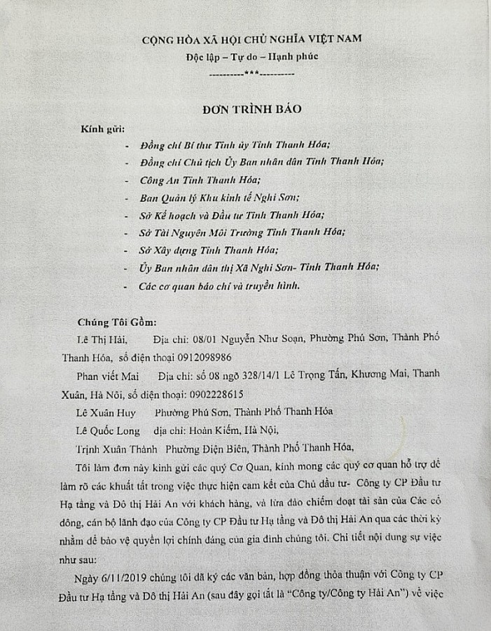 Thanh Hóa: Khách hàng mua đất của Công ty Hải An “kêu cứu” Thanh Hóa: Khách hàng mua đất của Công ty Hải An “kêu cứu”