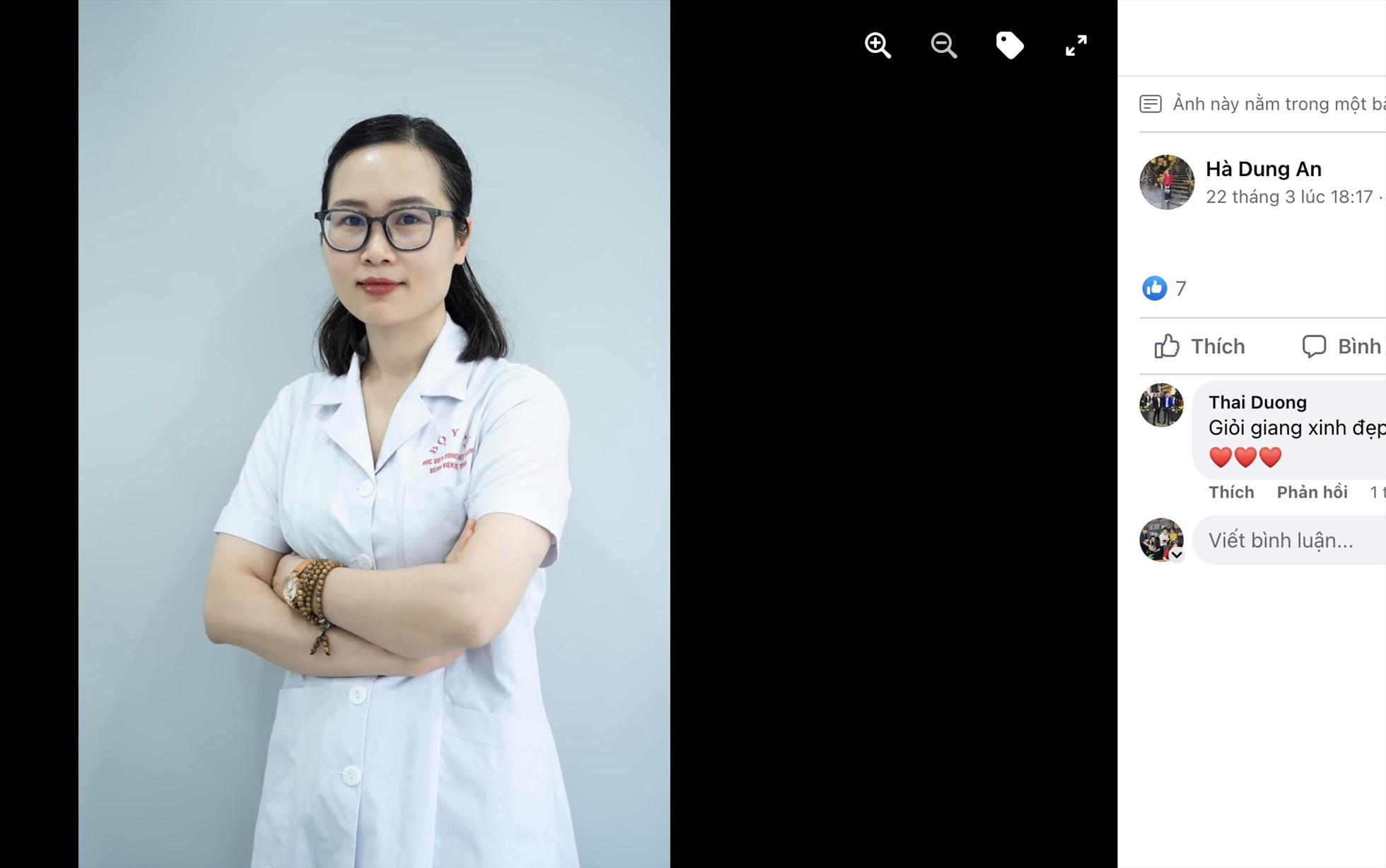 Bài đăng ngày 22.3.2023 trên trang cá nhân, bà An Thị Dung vẫn mặc áo bác sĩ có in tên Bệnh viện Tuệ Tĩnh.