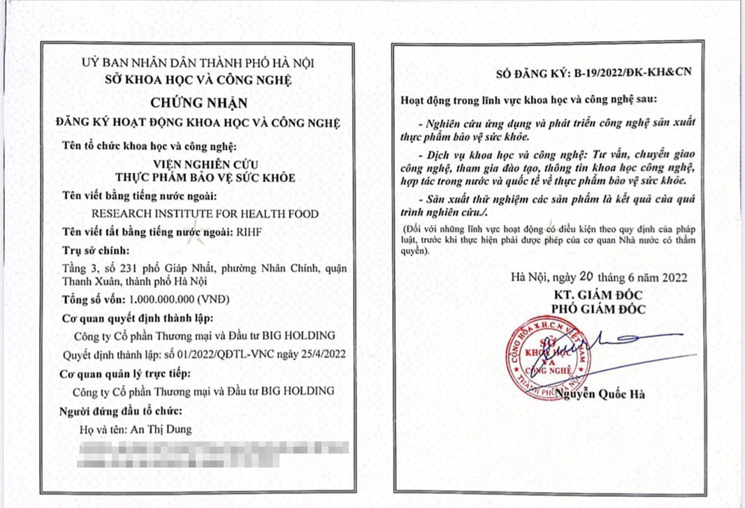 Viện nghiên cứu Thực phẩm bảo vệ sức khỏe là một cơ sở tư nhân, thuộc sở hữu của Công ty Big Holding và mới được thành lập ngày 20.6.2022.