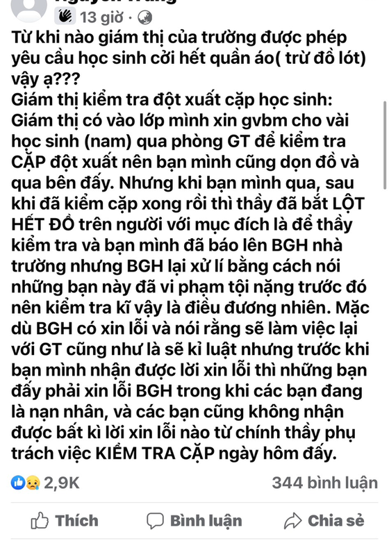 Vụ giám thị yêu cầu học sinh cởi đồ để kiểm tra, nhà trường nói gì?