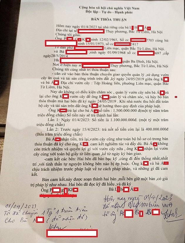 Biên bản thỏa thuận hoàn trả lại 1,1 tỉ đồng giữa ông P.G.K và bà L.H.A Biên bản thỏa thuận hoàn trả lại 1,1 tỉ đồng giữa ông P.G.K và bà L.H.A