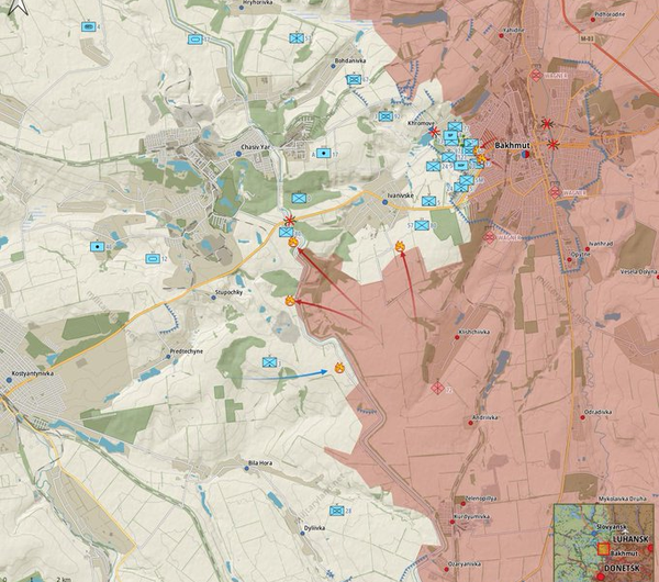 2.	Mũi tiến công của Lữ đoàn số 3 Ukraine vào tuyến phòng thủ của Nga tại bên ngoài Bakhmut (mũi tên màu xanh).