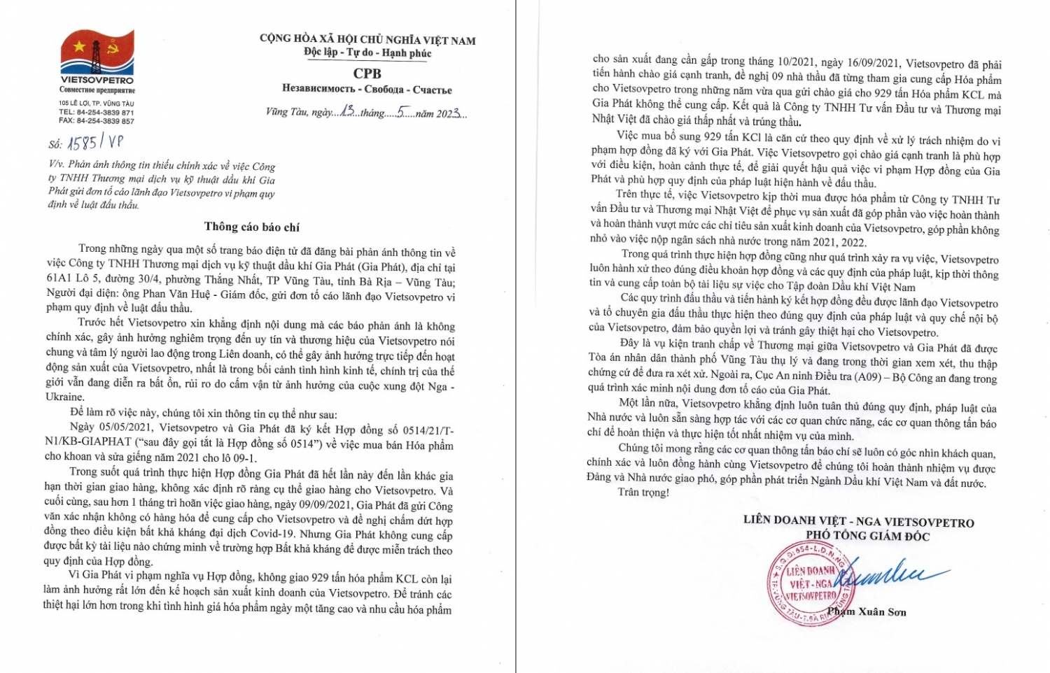 Vietsovpetro phản hồi thông tin trên Báo Thanh tra Vietsovpetro phản hồi thông tin trên Báo Thanh tra