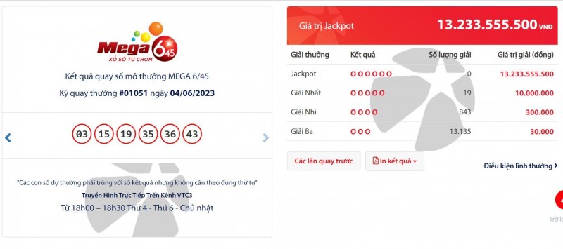 Kết quả xổ số Vietlott hôm nay 4/6/2023: Vietlott Mega 6/45 4/6 - Xổ số Vietlott 4/6 Kết quả xổ số Vietlott hôm nay 4/6/2023: Vietlott Mega 6/45 4/6 - Xổ số Vietlott 4/6