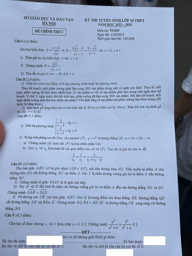 Đề thi môn Toán vào lớp 10 THPT công lập ở Hà Nội năm 2023 Đề thi môn Toán vào lớp 10 THPT công lập ở Hà Nội năm 2023