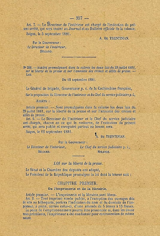 Luật tự do báo chí ban hành tại Nam Kỳ ngày 12/9/1881 