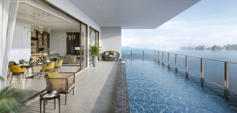 Nổi bật là 12 căn hộ Sky Pool Villa có 3 phòng ngủ với bể bơi vô cực riêng tư, gia tăng trải nghiệm cho gia chủ. Ảnh: BIM Land.