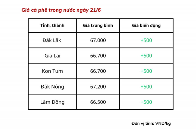 Giá cà phê hôm nay 21/6 dao động từ 66.500 - 67.200 đồng/kg. Giá cà phê hôm nay 21/6 dao động từ 66.500 - 67.200 đồng/kg.