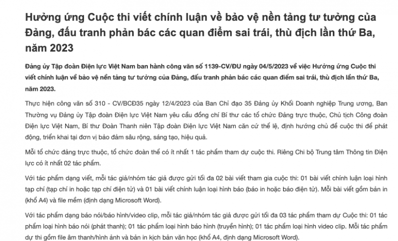 EVN tích cực thực hiện Nghị quyết 35 - NQ/TW về bảo vệ nền tảng tư tưởng của Đảng EVN tích cực thực hiện Nghị quyết 35 - NQ/TW về bảo vệ nền tảng tư tưởng của Đảng