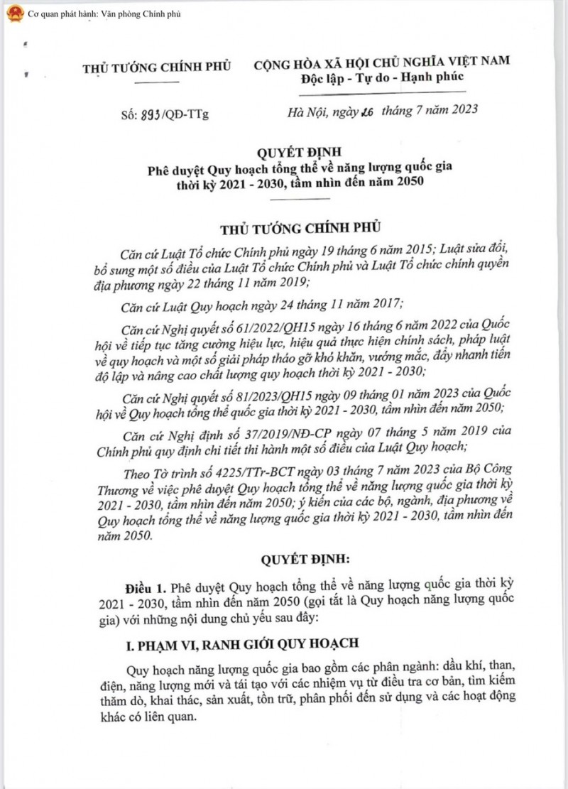 Toàn văn Quyết định Phê duyệt Quy hoạch tổng thể về năng lượng quốc gia Toàn văn Quyết định Phê duyệt Quy hoạch tổng thể về năng lượng quốc gia