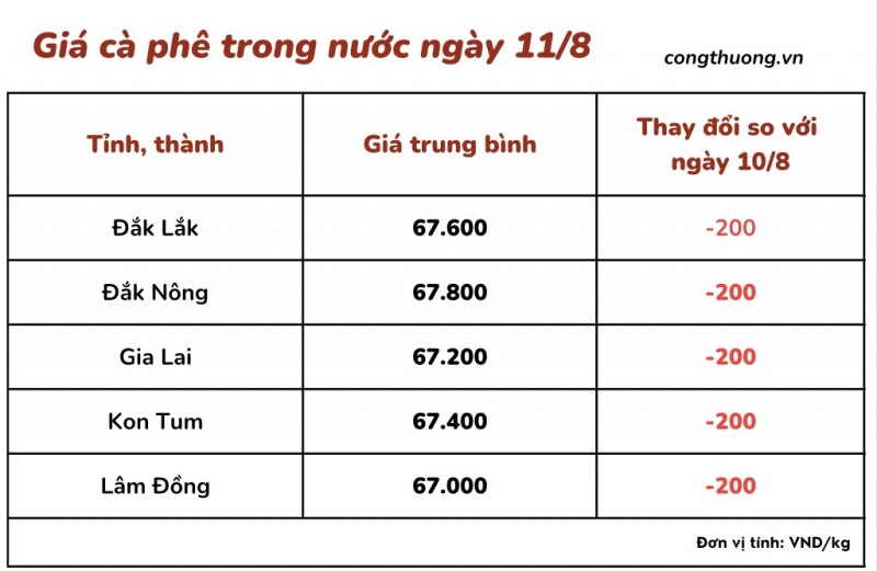 Giá cà phê 11/8, giá cà phê trong nước ngày 11/8/2023 Giá cà phê 11/8, giá cà phê trong nước ngày 11/8/2023