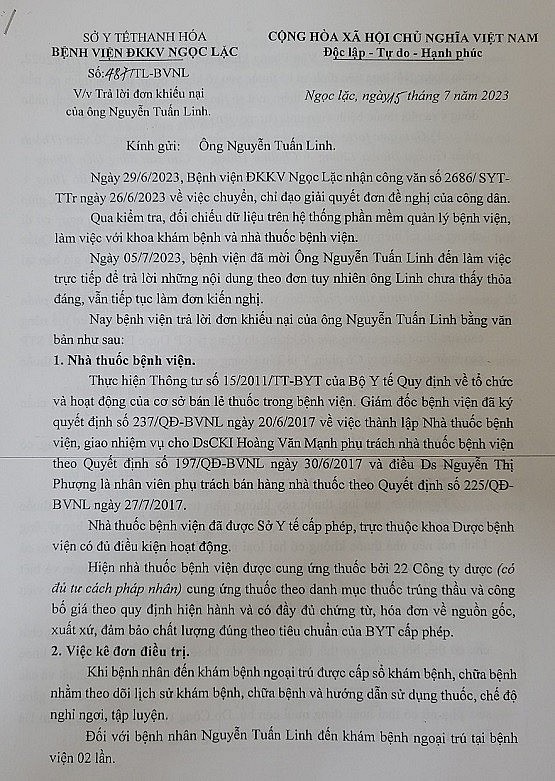 Thanh Hóa: Bệnh nhân khiếu nại Bệnh viện đa khoa Ngọc Lặc làm rõ nội dung kê đơn thuốc khám bệnh Thanh Hóa: Bệnh nhân khiếu nại Bệnh viện đa khoa Ngọc Lặc làm rõ nội dung kê đơn thuốc khám bệnh