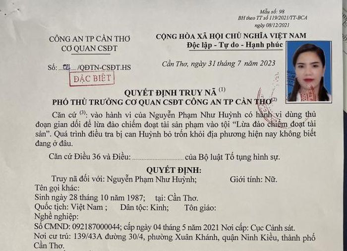 Truy nã đặc biệt một phụ nữ ở Cần Thơ lừa đảo 16 tỉ đồng