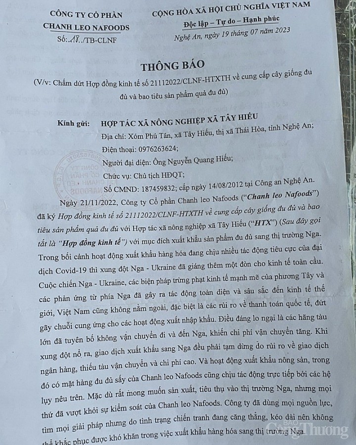 Thông báo chấm dứt hợp đồng kinh tế của Công ty cổ phần Chanh leo Nafoods. Thông báo chấm dứt hợp đồng kinh tế của Công ty cổ phần Chanh leo Nafoods.