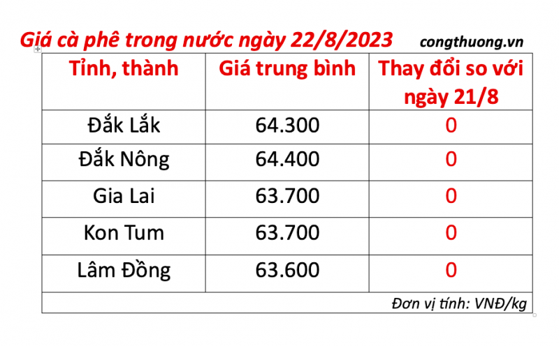 Giá cà phê hôm nay 22/8/2023: Giá cà phê trong nước duy trì mức trên 64.000 đồng/kg
