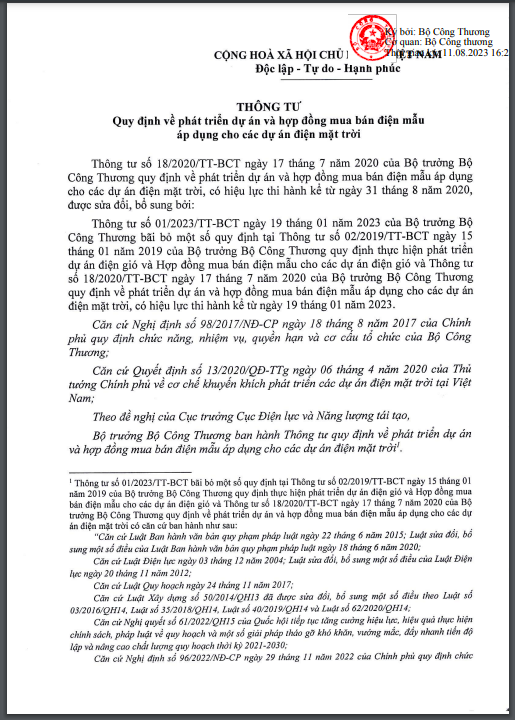 Thông tư số 23/VBHN-BCT quy định mới về phát triển dự án điện mặt trời và hợp đồng mua bán điện mẫu Thông tư số 23/VBHN-BCT quy định mới về phát triển dự án điện mặt trời và hợp đồng mua bán điện mẫu