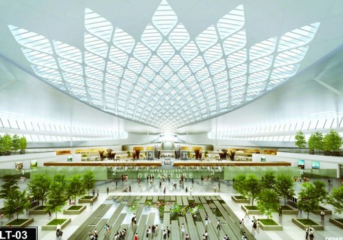 Nhà ga lấy hình ảnh hoa sen làm ý tưởng chính và được sử dụng xuyên suốt trong quá trình thiết kế, áp dụng vào mái, phối cảnh từ góc nhìn mặt chính nhà ga, nội thất khu vực sảnh làm thủ tục, được bố trí theo dạng tập trung gồm khu vực trung tâm và 3 cánh. Nhà ga lấy hình ảnh hoa sen làm ý tưởng chính và được sử dụng xuyên suốt trong quá trình thiết kế, áp dụng vào mái, phối cảnh từ góc nhìn mặt chính nhà ga, nội thất khu vực sảnh làm thủ tục, được bố trí theo dạng tập trung gồm khu vực trung tâm và 3 cánh.