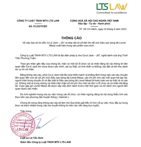Thông cáo bác bỏ tin đồn bên phía Jack. Ảnh fanpage chính thức của Jack Thông cáo bác bỏ tin đồn bên phía Jack. Ảnh fanpage chính thức của Jack