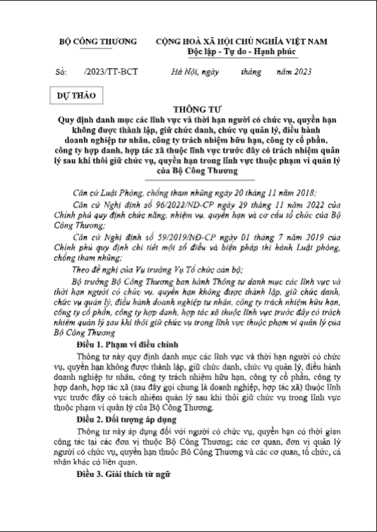 Thông tư quy định lĩnh vực người có chức vụ thuộc Bộ Công Thương không được tham gia Thông tư quy định lĩnh vực người có chức vụ thuộc Bộ Công Thương không được tham gia