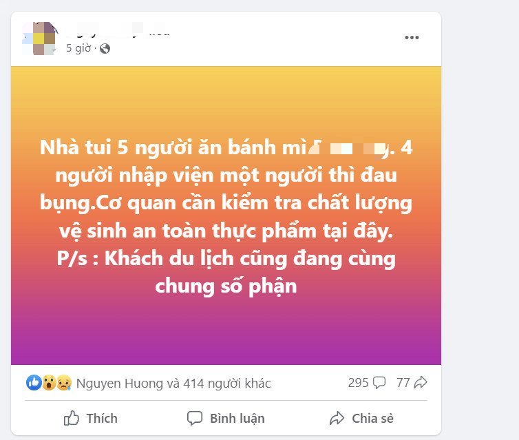 Thông tin 1 gia đình bị ngộ độc sau khi ăn bánh mì ở Hội An gây chú ý trên mạng xã hội. Ảnh chụp màn hình.