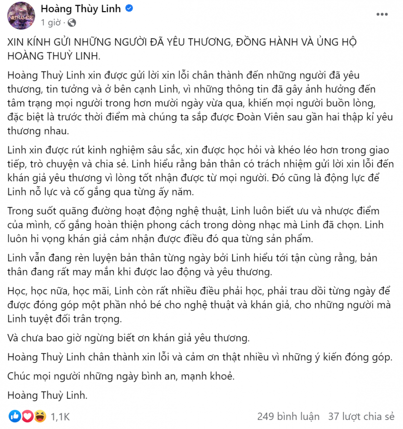 Ca sĩ Hoàng Thùy Linh chính thức lên tiếng xin lỗi trên trang cá nhân. Ảnh chụp màn hình Ca sĩ Hoàng Thùy Linh chính thức lên tiếng xin lỗi trên trang cá nhân. Ảnh chụp màn hình