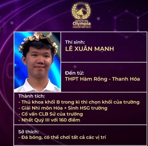 Nguyễn Trọng Thành giành quán quân Đường lên đỉnh Olympia năm thứ 23 Nguyễn Trọng Thành giành quán quân Đường lên đỉnh Olympia năm thứ 23