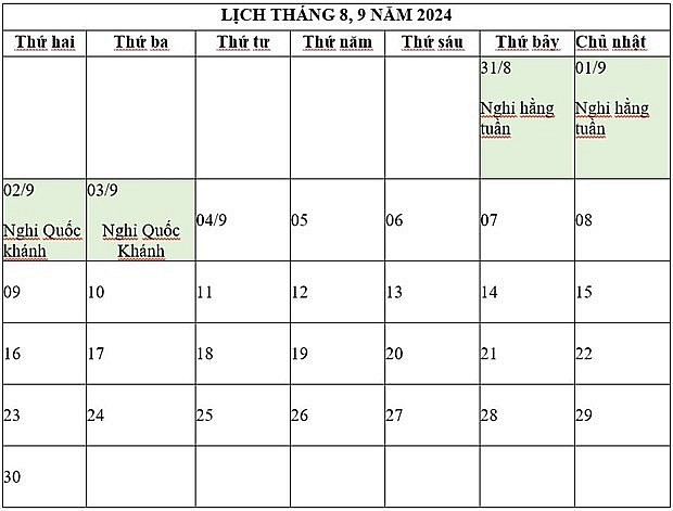 Lịch nghỉ Lễ Quốc khánh 2/9 năm 2024 Lịch nghỉ Lễ Quốc khánh 2/9 năm 2024