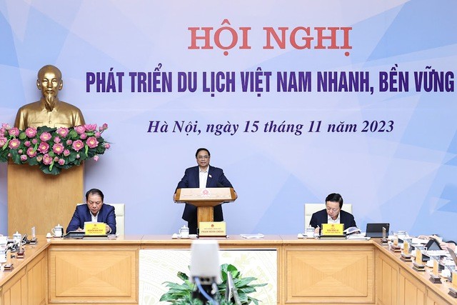 Thủ tướng Phạm Minh Chính phát biểu khai mạc Hội nghị phát triển du lịch Việt Nam nhanh, bền vững. Ảnh Nhật Bắc Thủ tướng Phạm Minh Chính phát biểu khai mạc Hội nghị phát triển du lịch Việt Nam nhanh, bền vững. Ảnh Nhật Bắc