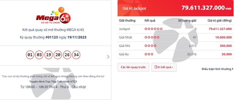 Vietlott 19/11, kết quả xổ số Vietlott hôm nay 19/11/2023, Vietlott Mega 6/45 19/11 Vietlott 19/11, kết quả xổ số Vietlott hôm nay 19/11/2023, Vietlott Mega 6/45 19/11