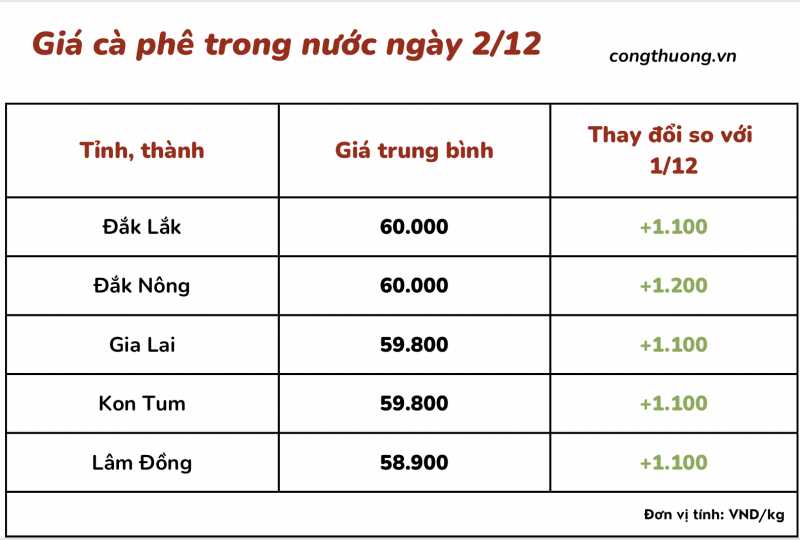 Thị trường cà phê trong nước ngày 2/12/2023 Thị trường cà phê trong nước ngày 2/12/2023