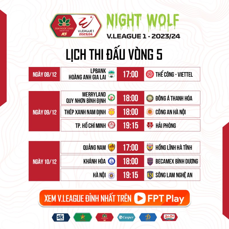 Lịch thi đấu tại vòng 5 V-League 2023/2024 Lịch thi đấu tại vòng 5 V-League 2023/2024