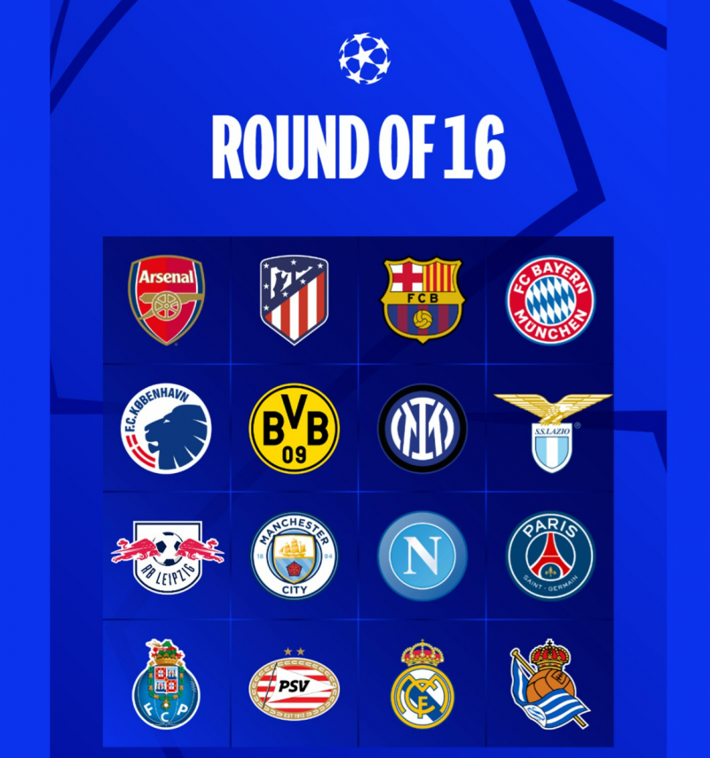 Các đội bóng góp mặt tại vòng 1/8 của Champions League 2023/24. Ảnh: UEFA Champions League Các đội bóng góp mặt tại vòng 1/8 của Champions League 2023/24. Ảnh: UEFA Champions League