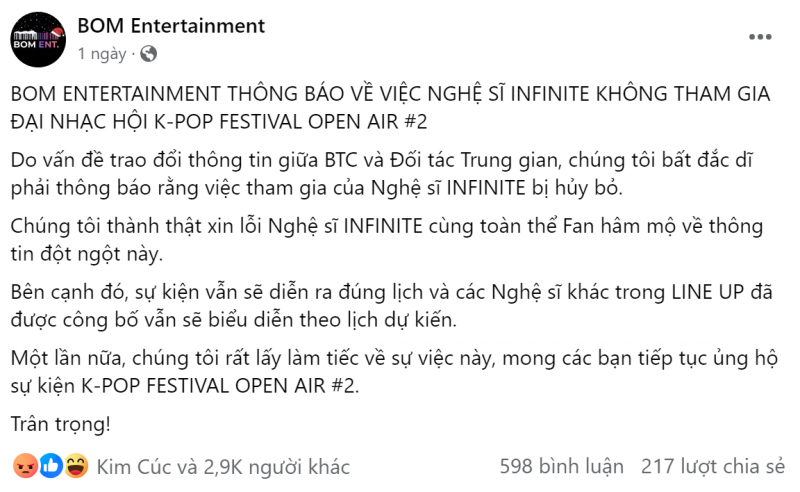 Đại nhạc hội OPEN AIR K-POP FESTIVAL #2: Liên tiếp nhóm nhạc Hàn và nghệ sĩ Việt xác nhận không tham gia Đại nhạc hội OPEN AIR K-POP FESTIVAL #2: Liên tiếp nhóm nhạc Hàn và nghệ sĩ Việt xác nhận không tham gia