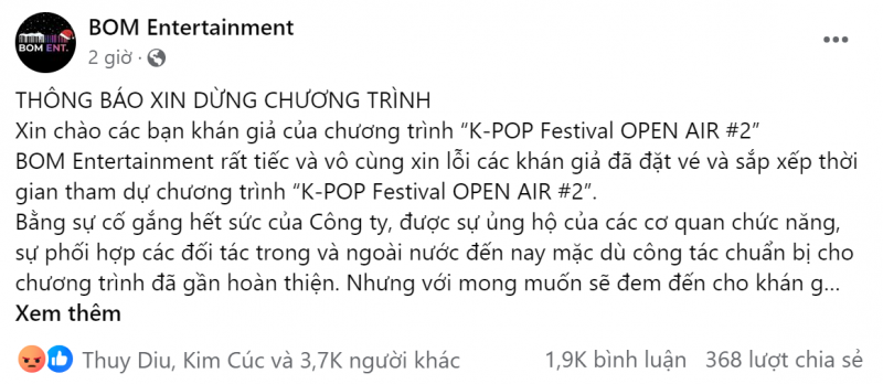Đơn vị tổ chức BOM Entertainment chính thức thông báo hủy sự kiện âm nhạc OPEN AIR K-POP FESTIVAL #2. Ảnh chụp màn hình Đơn vị tổ chức BOM Entertainment chính thức thông báo hủy sự kiện âm nhạc OPEN AIR K-POP FESTIVAL #2. Ảnh chụp màn hình
