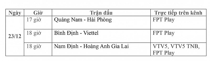 Lịch thi đấu trực tiếp vòng 7 V-League 2023/2024 ngày 23/12: Quảng Nam-Hải Phòng, Bình Định-Viettel, Nam Định-Hoàng Anh Gia Lai