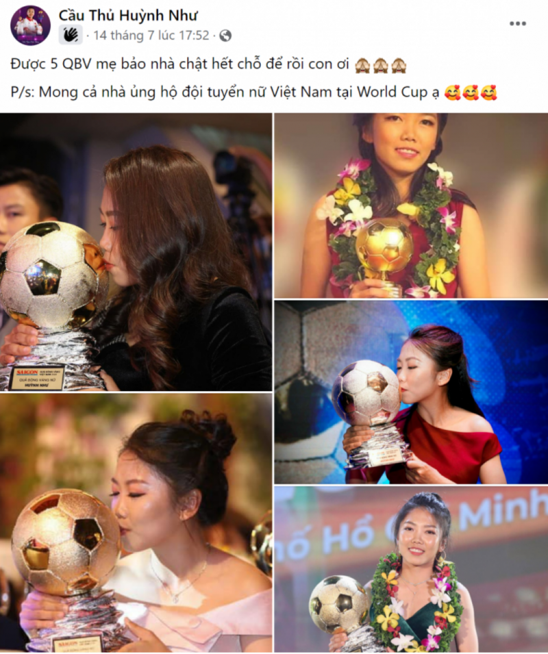 Cầu thủ Huỳnh Như flex về số lượng bóng vàng đã đạt được. Ảnh: Fanpage Cầu thủ Huỳnh Như flex về số lượng bóng vàng đã đạt được. Ảnh: Fanpage