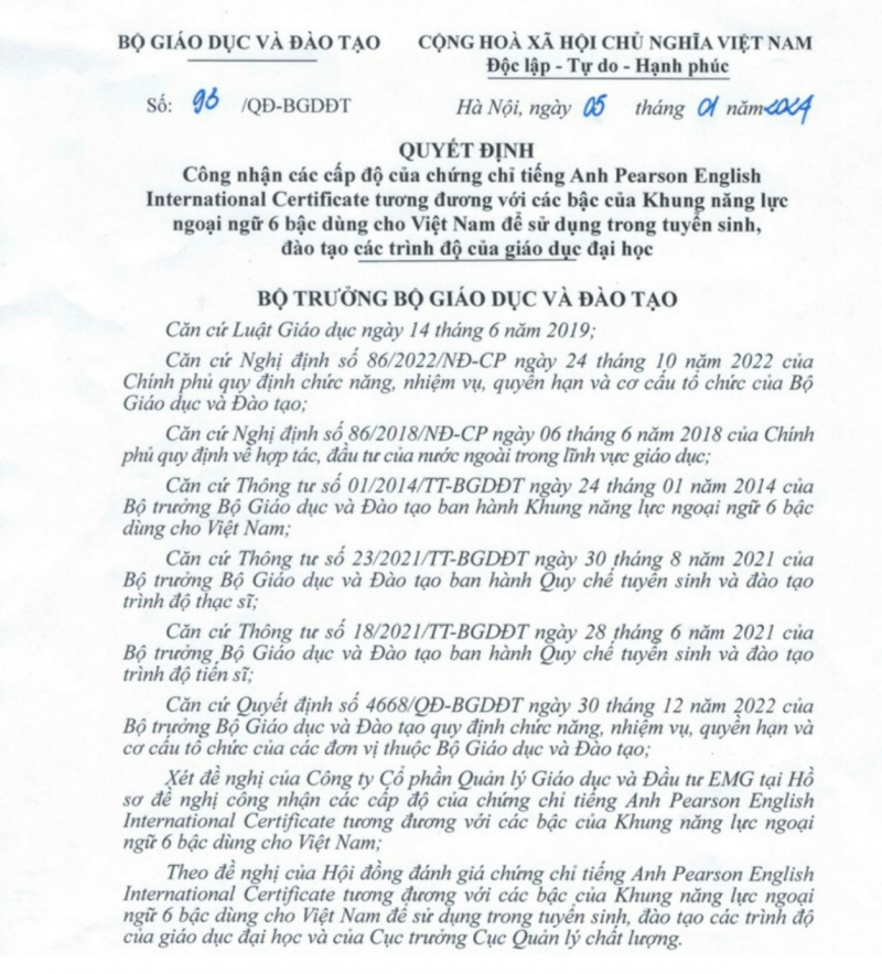 Chứng chỉ tiếng Anh PEIC đã được Bộ Giáo dục và Đào tạo công nhận