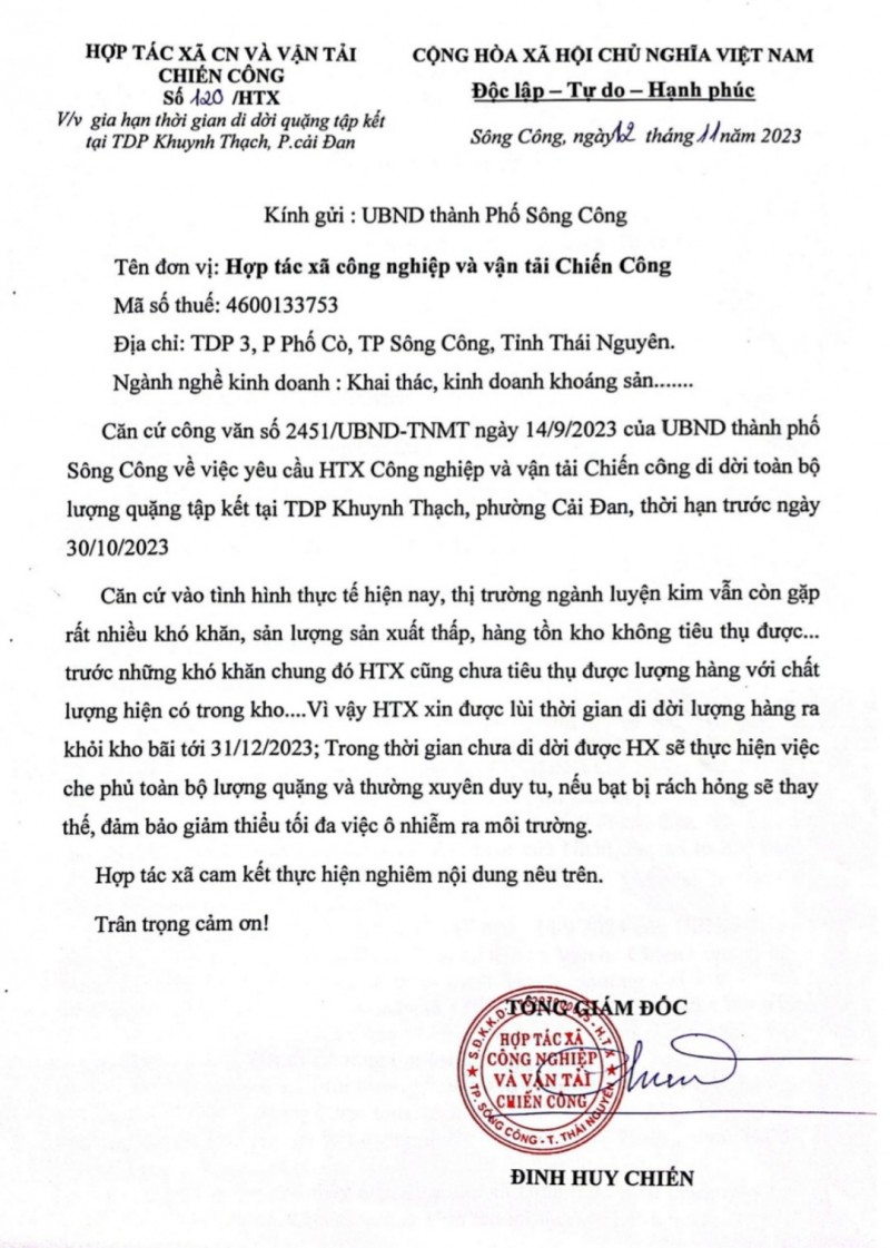 Trước đó, HTX Chiến Công đã có văn bản xin được lùi thời gian di dời lượng hàng ra khỏi kho bãi tới 31/12/2023. Trước đó, HTX Chiến Công đã có văn bản xin được lùi thời gian di dời lượng hàng ra khỏi kho bãi tới 31/12/2023.