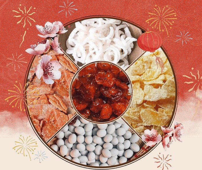 Khay mứt Tết truyền thống và cơ bản của người Việt Nam thường có các loại như mứt sen, mứt quất, mứt dừa, mứt gừng, mứt cà rốt… Khay mứt Tết truyền thống và cơ bản của người Việt Nam thường có các loại như mứt sen, mứt quất, mứt dừa, mứt gừng, mứt cà rốt…